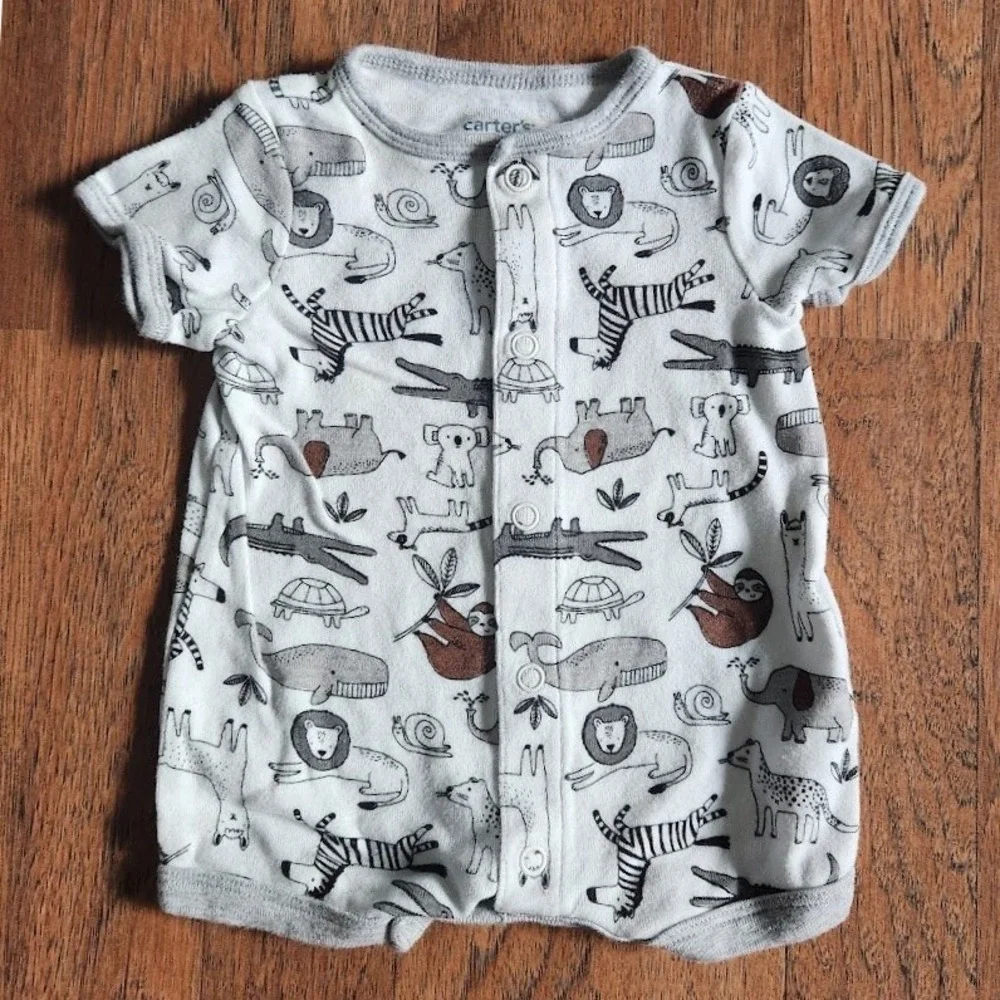 Carters Newborn Baby Boy Girl Animal Print Snap Front Cotton Romper Grey 417